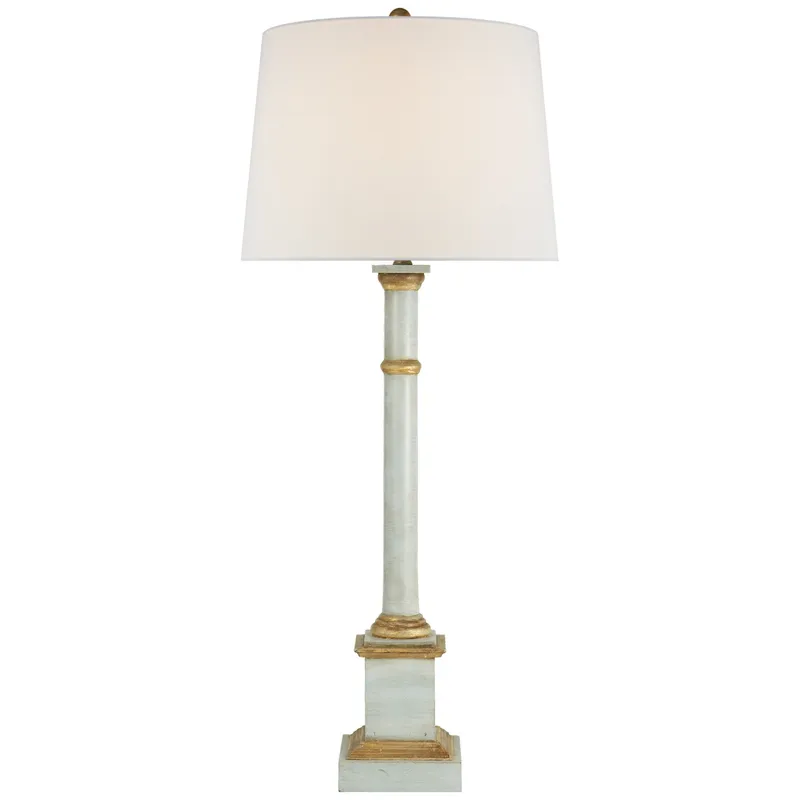 Suzanne Kasler Josephine Table Lamp in Light Blue with Antique Gold Leaf with Linen Shade W14" x H32.5"