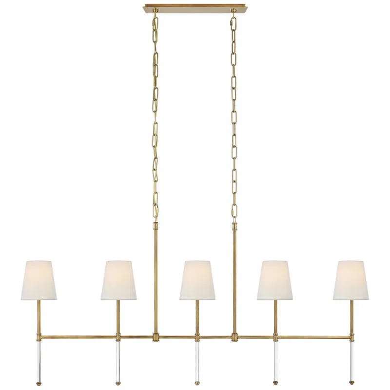 Suzanne Kasler Camille Medium Linear Chandelier in Hand-Rubbed Antique Brass with Linen Shades Ceiling Light W53.25" x H26"