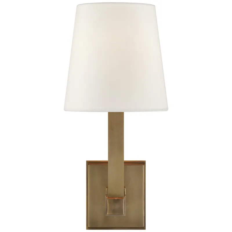 Chapman & Myers Square Tube Single Sconce in Hand-Rubbed Antique Brass with Linen Shade Wall Light W6.25" x H14.25"