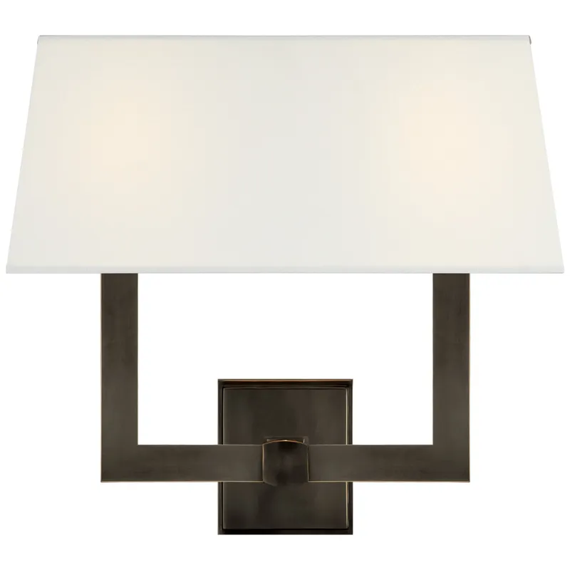 Chapman & Myers Square Tube Double Sconce in Bronze with Linen Single Shade Wall Light W15.5" x H14"