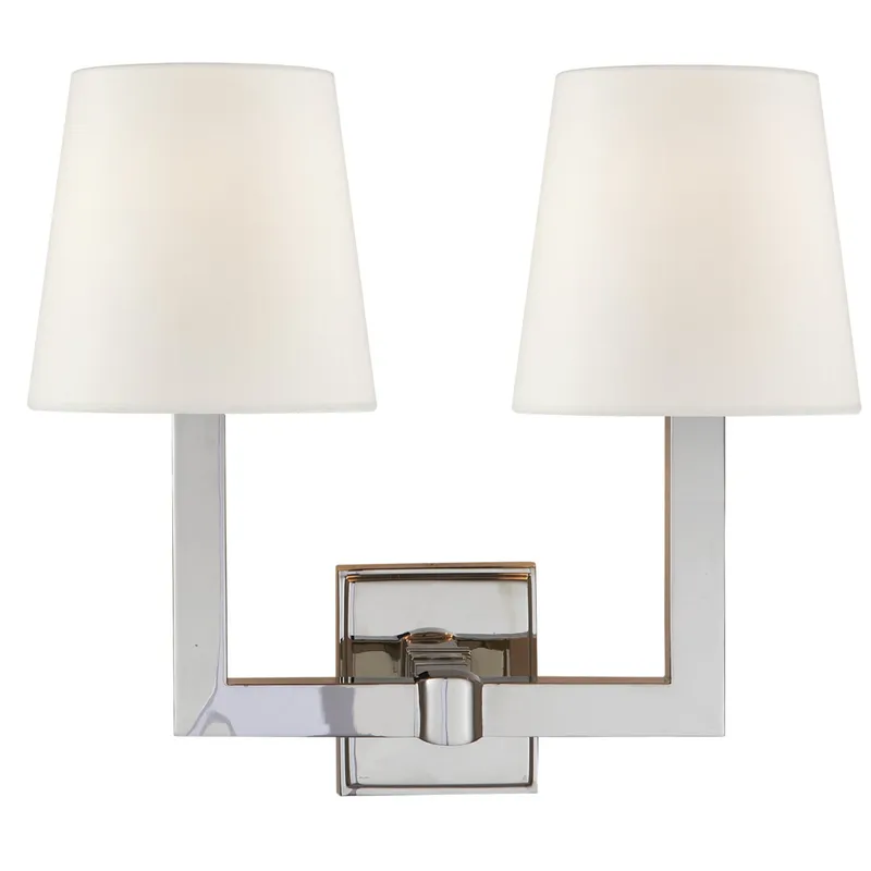Chapman & Myers Square Tube Double Sconce in Polished Nickel with Linen Shades Wall Light W15" x H14"
