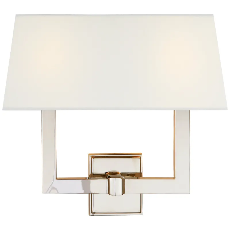 Chapman & Myers Square Tube Double Sconce in Polished Nickel with Linen Single Shade Wall Light W15.5" x H14"