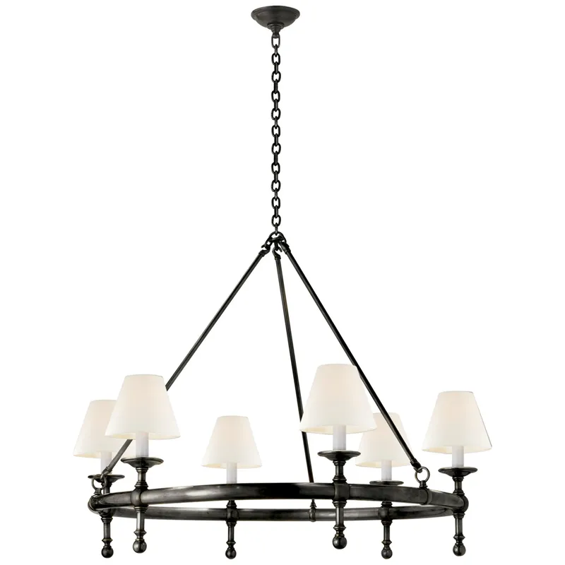 Chapman & Myers Classic Ring Chandelier in Bronze with Linen Shades Ceiling Light W38.5"