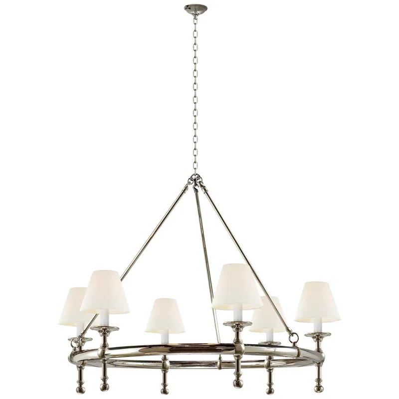 Chapman & Myers Classic Ring Chandelier in Polished Nickel with Linen Shades Ceiling Light W38.5"
