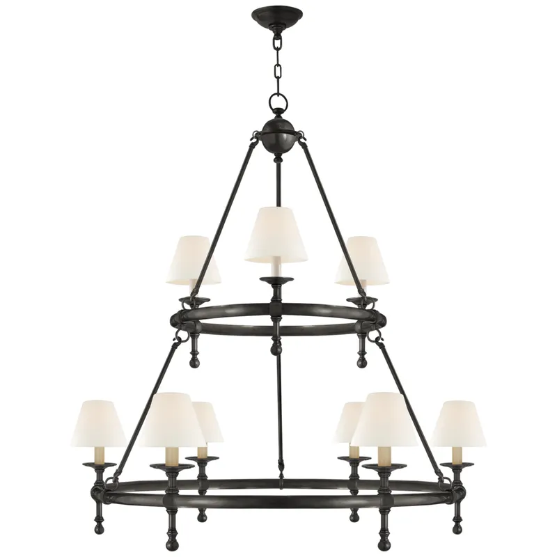 Chapman & Myers Classic Two-Tier Ring Chandelier in Bronze with Linen Shades Ceiling Light W44"