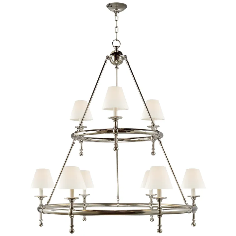 Chapman & Myers Classic Two-Tier Ring Chandelier in Polished Nickel with Linen Shades Ceiling Light W44"