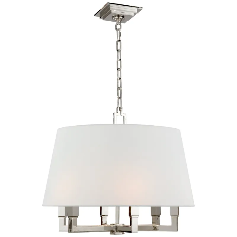 Chapman & Myers Square Tube Hanging Shade in Polished Nickel with Linen Shade Ceiling Light W24" x H21"
