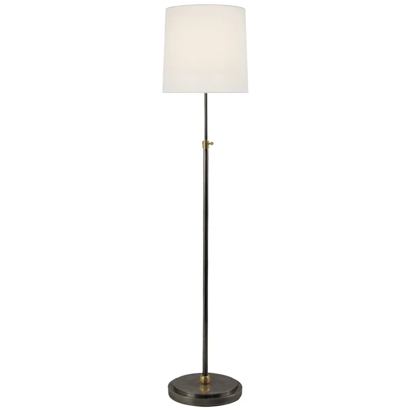 Thomas O'Brien Bryant Floor Lamp in Bronze and Hand-Rubbed Antique Brass with Linen Shade W12" x H45" - 62"