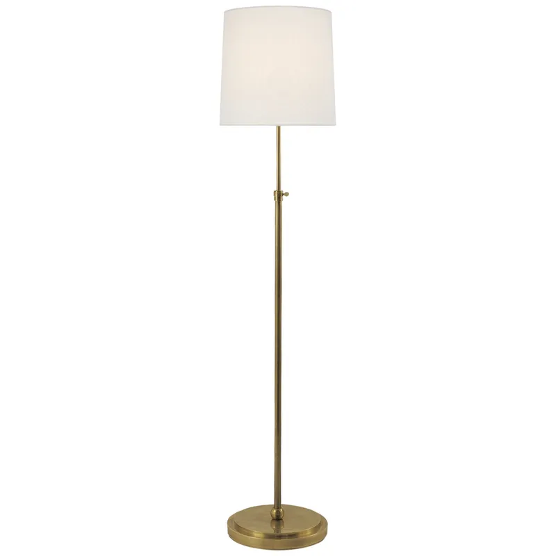 Thomas O'Brien Bryant Floor Lamp in Hand-Rubbed Antique Brass with Linen Shade W12" x H45" - 62"