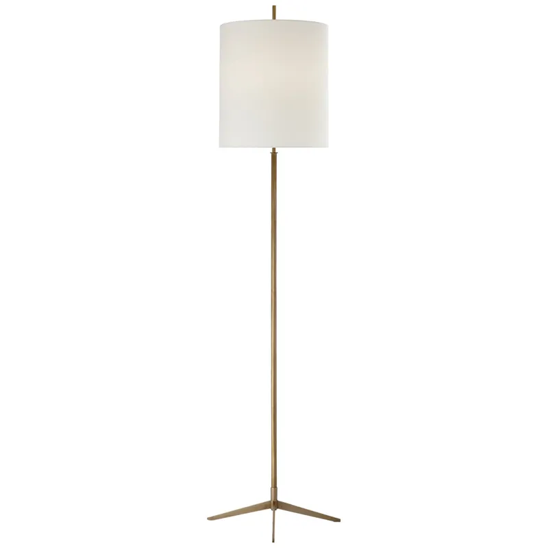 Thomas O'Brien Caron Floor Lamp in Hand-Rubbed Antique Brass with Linen Shade W16" x H67.5"