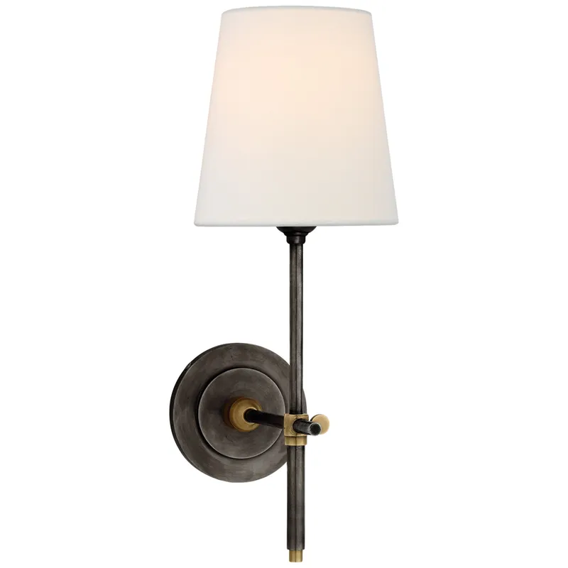 Thomas O'Brien Bryant Sconce in Bronze and Hand-Rubbed Antique Brass with Linen Shade Wall Light W5.5" x H14.25"