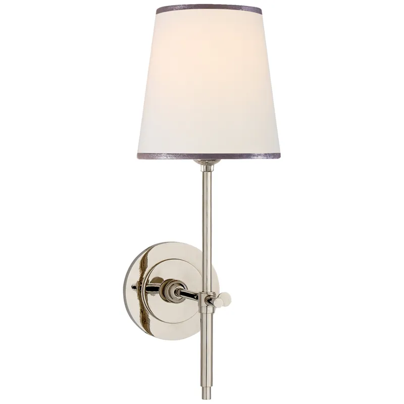 Thomas O'Brien Bryant Sconce in Polished Nickel with Linen Shade with Silver Tape Wall Light W5.5" x H14.25"