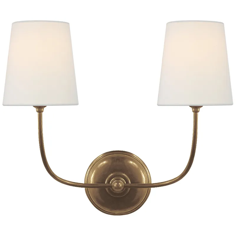 Thomas O'Brien Vendome Double Sconce in Hand-Rubbed Antique Brass with Linen Shades Wall Light W17.75" x H14"