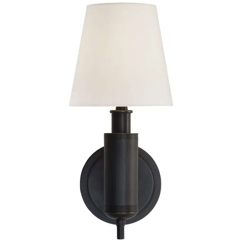 Thomas O'Brien Longacre Sconce in Bronze with Linen Shade Wall Light W6" x H14"