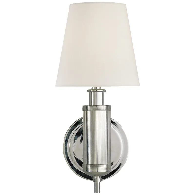 Thomas O'Brien Longacre Sconce in Polished Nickel with Linen Shade Wall Light W6" x H14"