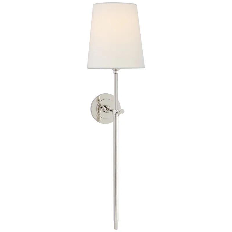 Thomas O'Brien Bryant Large Tail Sconce in Polished Nickel with Linen Shade Wall Light W6.5" x H26.5"