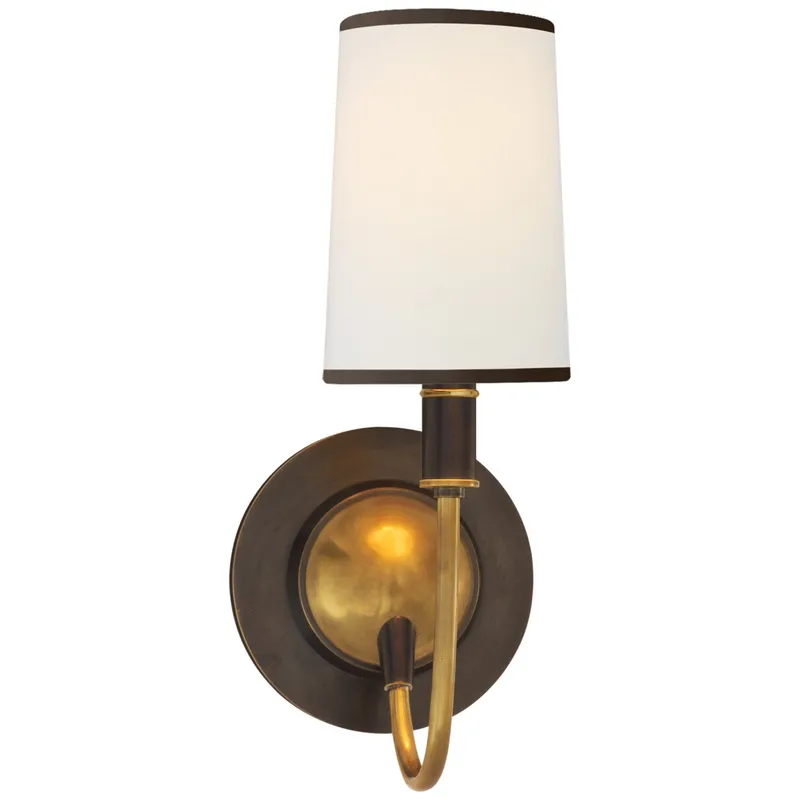 Thomas O'Brien Elkins Sconce in Bronze and Hand-Rubbed Antique Brass with Linen Shade with Black Trim Wall Light W5.5" x H13.75"