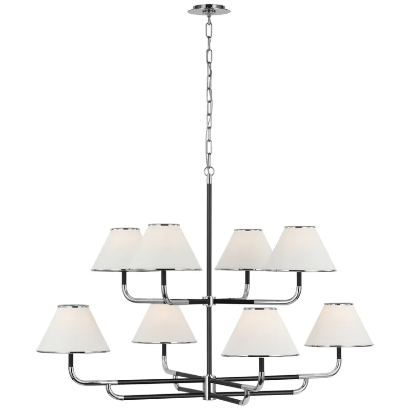 Marie Flanigan Rigby Grande Two-Tier Chandelier in Polished Nickel and Ebony with Linen Shade Ceiling Light W48.75" x H32"