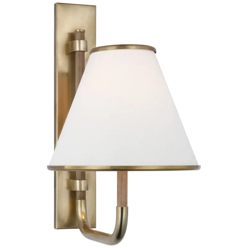 Marie Flanigan Rigby Small Sconce in Soft Brass and Natural Oak with Linen Shade Wall Light W7.75" x H13.75"
