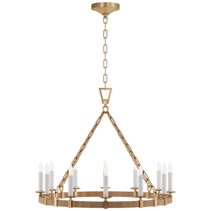 Chapman & Myers Darlana Medium Wrapped Ring Chandelier in Antique-Burnished Brass and Natural Rattan Ceiling Light W30" x H24.5"