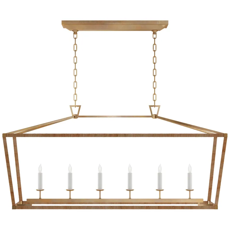 Chapman & Myers Darlana Large Rattan Wrapped Linear Lantern in Antique-Burnished Brass and Natural Rattan Ceiling Light W54" X 17" x H25.5"