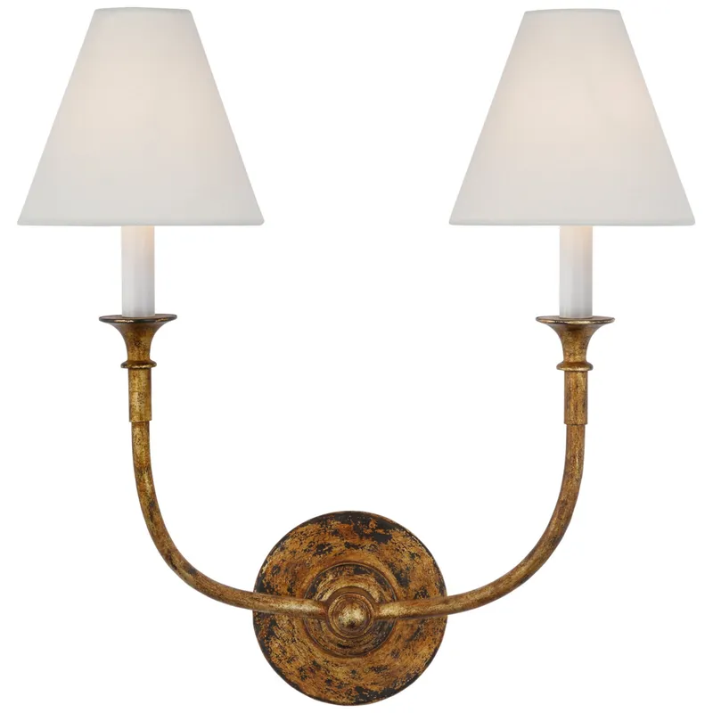 Thomas O'Brien Piaf Double Sconce in Antique Gild with Linen Shades Wall Light W18.5" x H18.75"