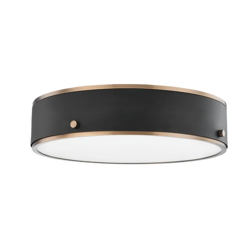 Eli 1-Light Flush Mount in Patina Brass 16W x 3.5H (Soft Off Black)