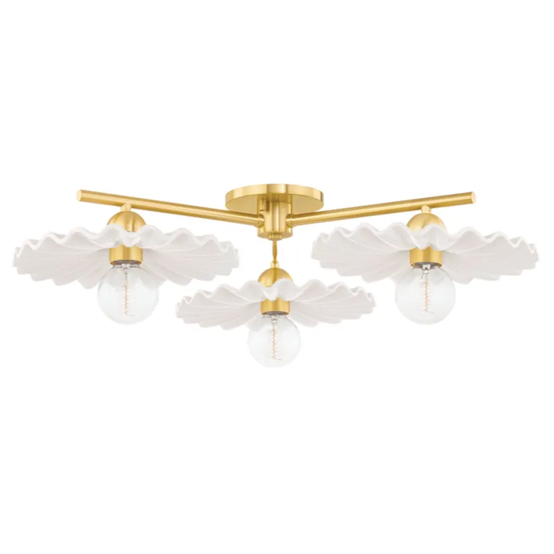 Tinsley 3-Light Semi Flush in Aged Brass 33W x 8.75H