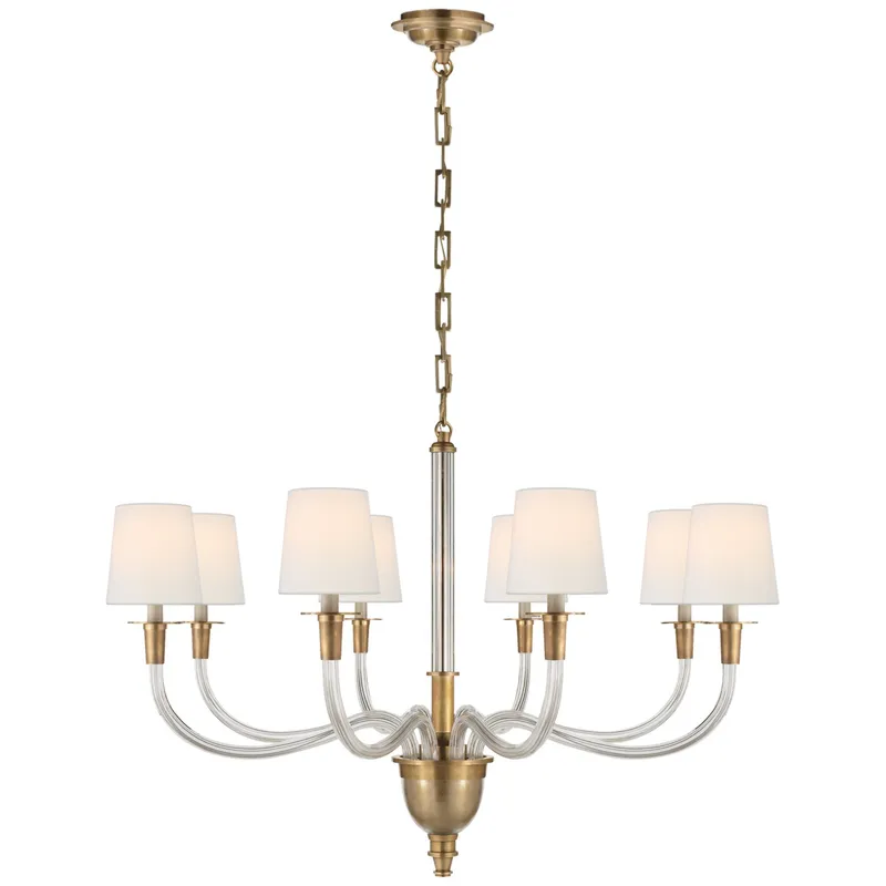 Thomas O'Brien Vivian Large One-Tier Chandelier in Hand-Rubbed Antique Brass with Linen Shades Ceiling Light W36" x H25"