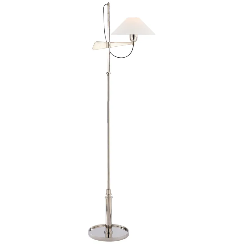 J. Randall Powers Hargett Bridge Arm Floor Lamp in Polished Nickel with Linen Shade H50" - 56.5"