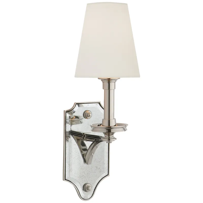 Thomas O'Brien Verona Mirrored Sconce in Polished Nickel with Linen Shade Wall Light W5.5" x H16.5"