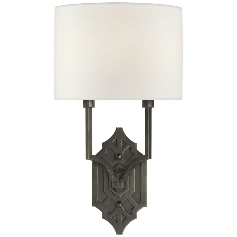 Thomas O'Brien Silhouette Fretwork Sconce in Bronze with Linen Shade Wall Light W8.75" x H16.5"
