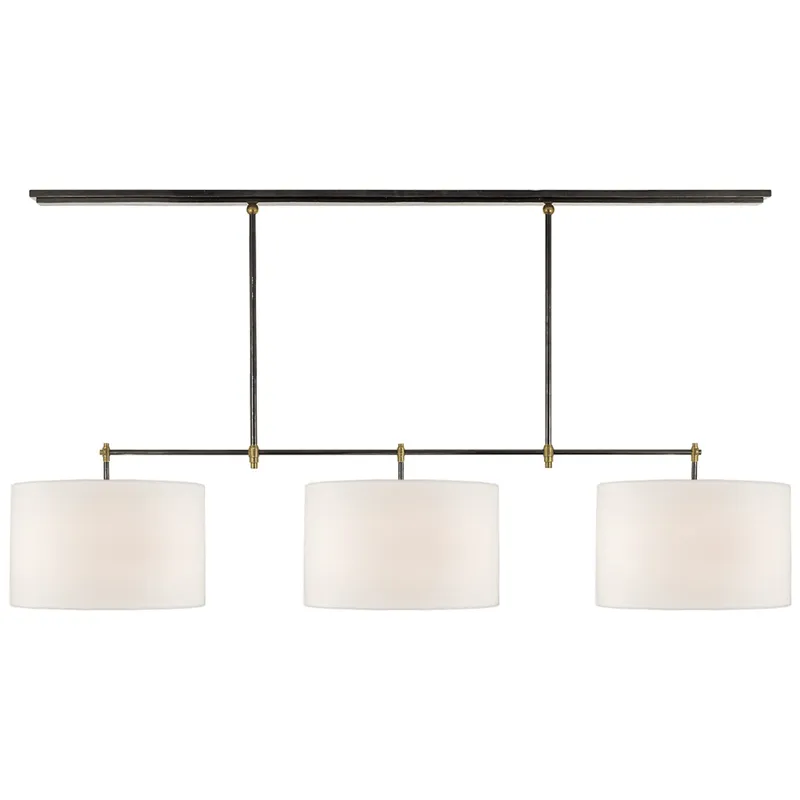 Thomas O'Brien Bryant Large Billiard in Bronze and Hand-Rubbed Antique Brass with Linen Shades Ceiling Light W64.5"