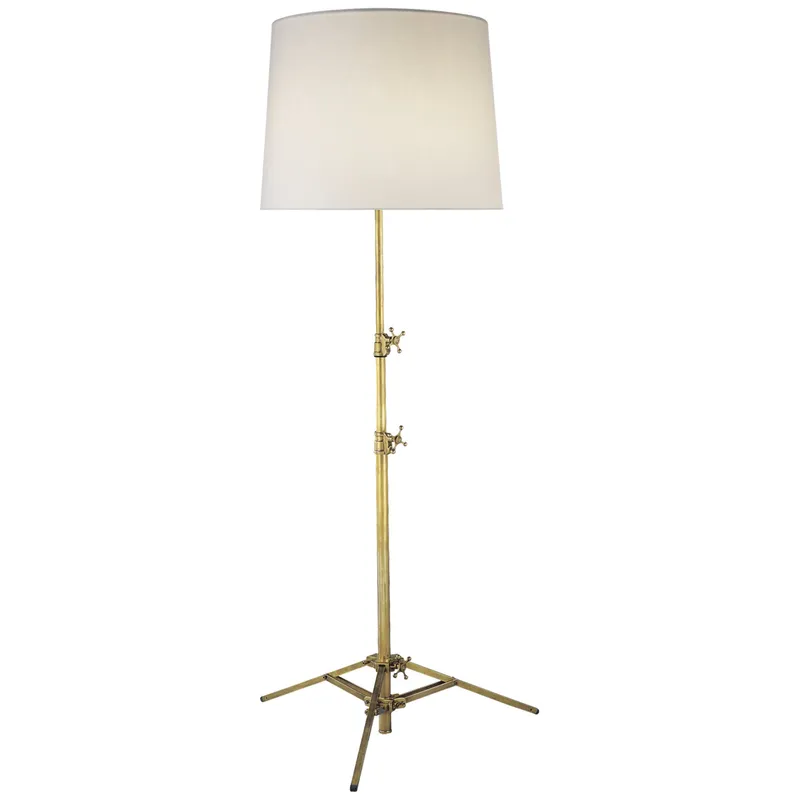 Thomas O'Brien Studio Floor Lamp in Hand-Rubbed Antique Brass with Linen Shade W28" x H53.5" - 83"