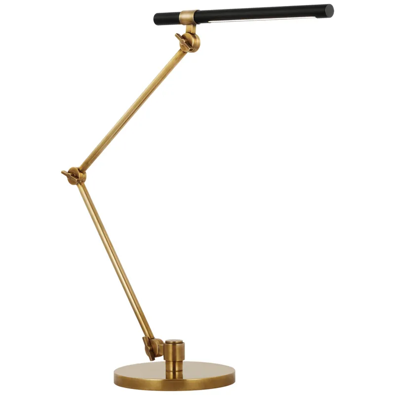 Ian K. Fowler Heron Large Desk Lamp in Hand-Rubbed Antique Brass and Matte Black Table Lamp W7" x H15.75" - 22.5"