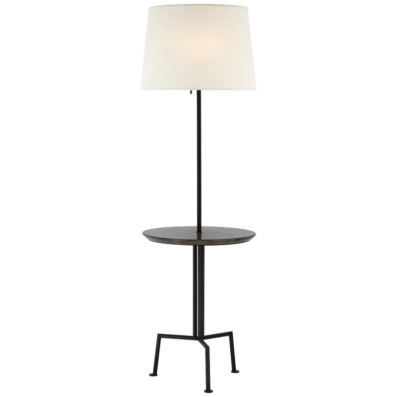Kelly Wearstler Tavlian Large Tray Table Floor Lamp in Aged Iron and Gray Marble with Linen Shade W20" x H65"