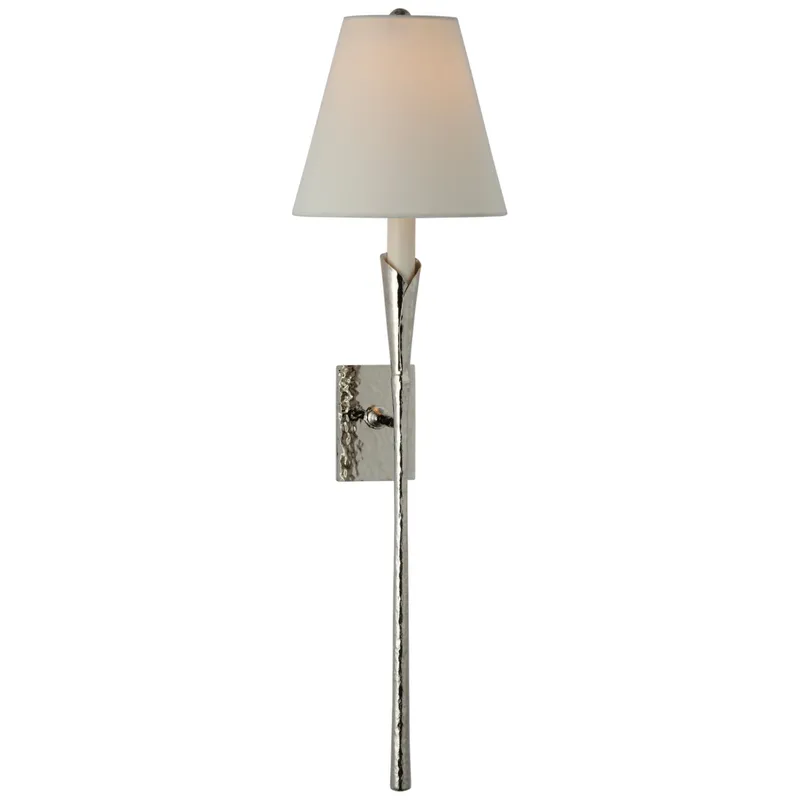 Chapman & Myers Aiden Large Tail Sconce in Polished Nickel with Linen Shade Wall Light W8.5" x H32"