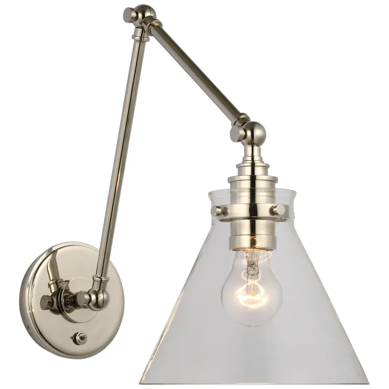 Chapman & Myers Parkington Double Library Wall Light in Polished Nickel with Clear Glass W8.5" x H14" - 15"
