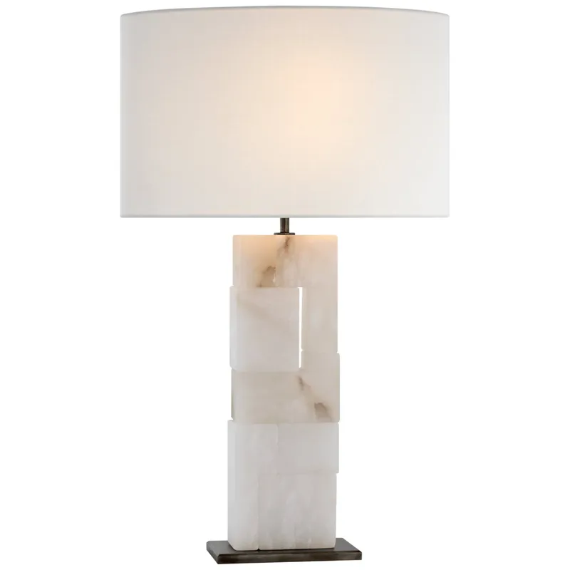Ian K. Fowler Ashlar Large Table Lamp in Alabaster and Bronze with Linen Shade W17" x H28"