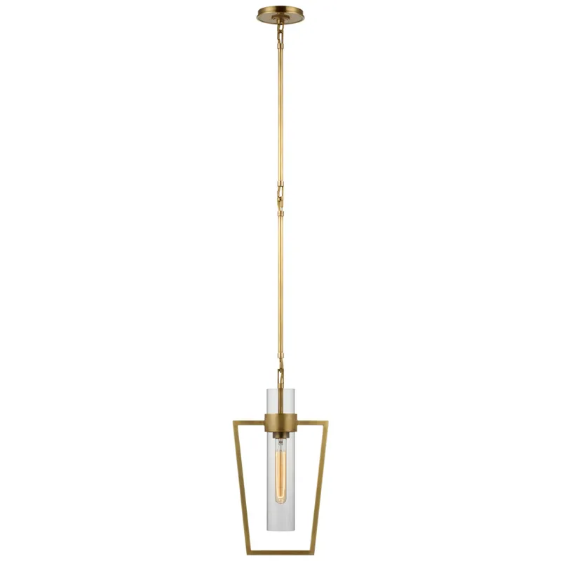 Ian K. Fowler Presidio Petite Caged Pendant in Hand-Rubbed Antique Brass with Clear Glass Ceiling Light W9.25"