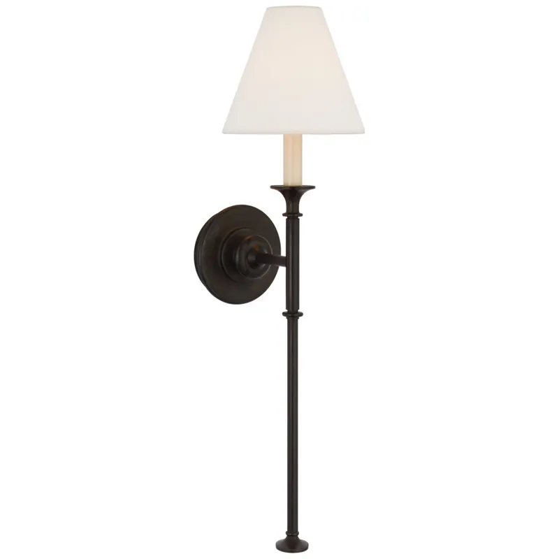 Thomas O'Brien Piaf Large Tail Sconce in Aged Iron with Linen Shade Wall Light W6.5" x H24.5"