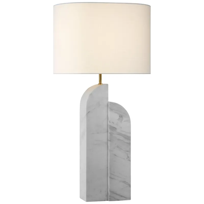 Kelly Wearstler Savoye Large Right Table Lamp in White Marble with Linen Shade W18" x H34"