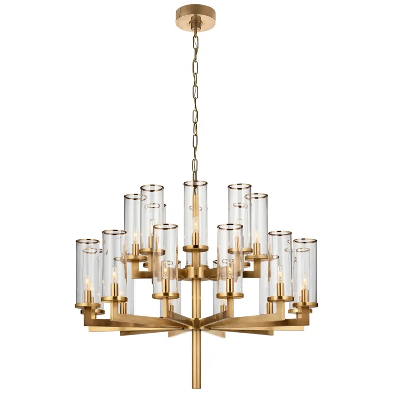 Kelly Wearstler Liaison Double Tier Chandelier in Antique-Burnished Brass with Clear Glass Ceiling Light W34"