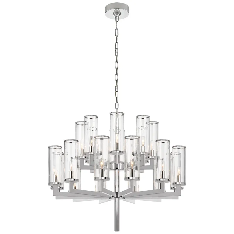 Kelly Wearstler Liaison Double Tier Chandelier in Polished Nickel with Clear Glass Ceiling Light W34"