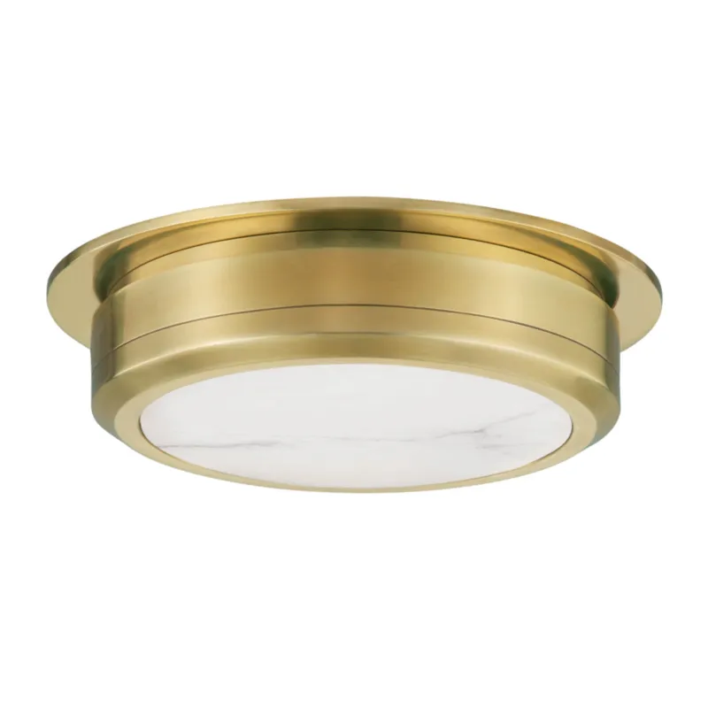Greenport 1-Light Flush Mount in Aged Brass 14W x 4H