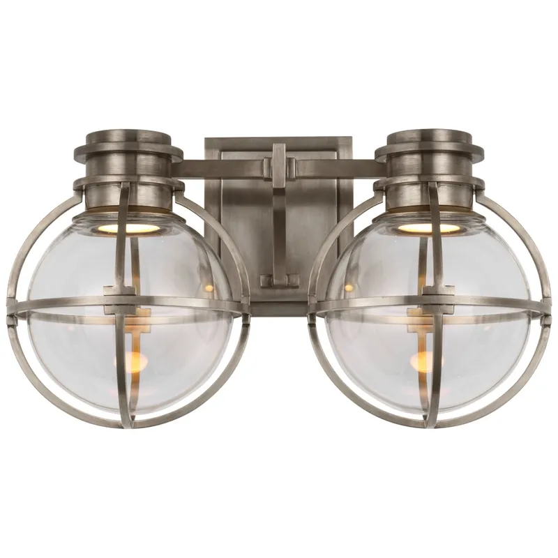 Chapman & Myers Gracie Double Sconce in Antique Nickel with Clear Glass Wall Light W14.25" x H8.5"