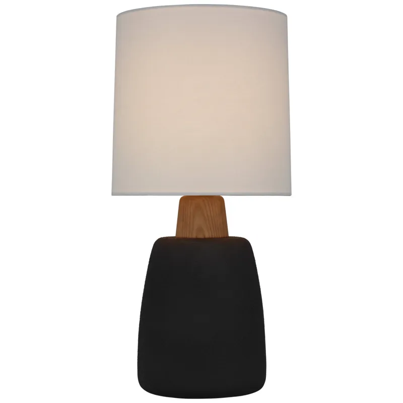 Barbara Barry Aida Medium Table Lamp in Porous Black and Natural Oak with Linen Shade W10" x H21"