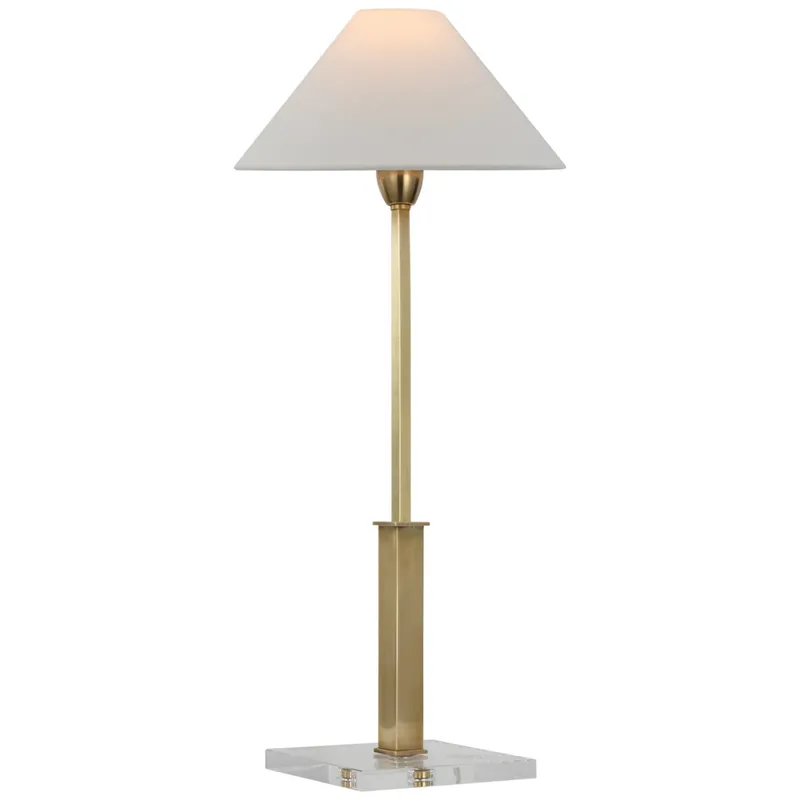 J. Randall Powers Asher Table Lamp in Hand-Rubbed Antique Brass and Crystal with Linen Shade W11.75" x H25.25" - 30"