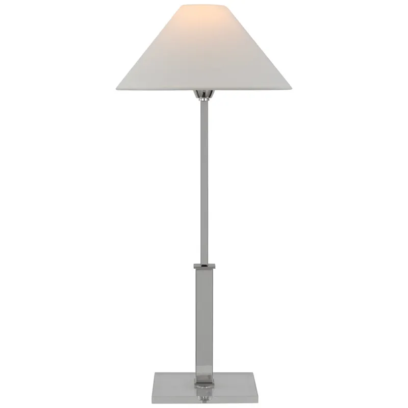 J. Randall Powers Asher Table Lamp in Polished Nickel and Crystal with Linen Shade W11.75" x H25.25" - 30"