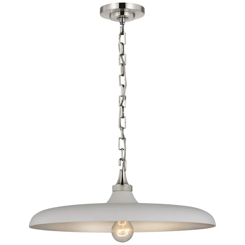 Thomas O'Brien Piatto Medium Pendant in Polished Nickel with Plaster White Shade Ceiling Light W18" x H7"